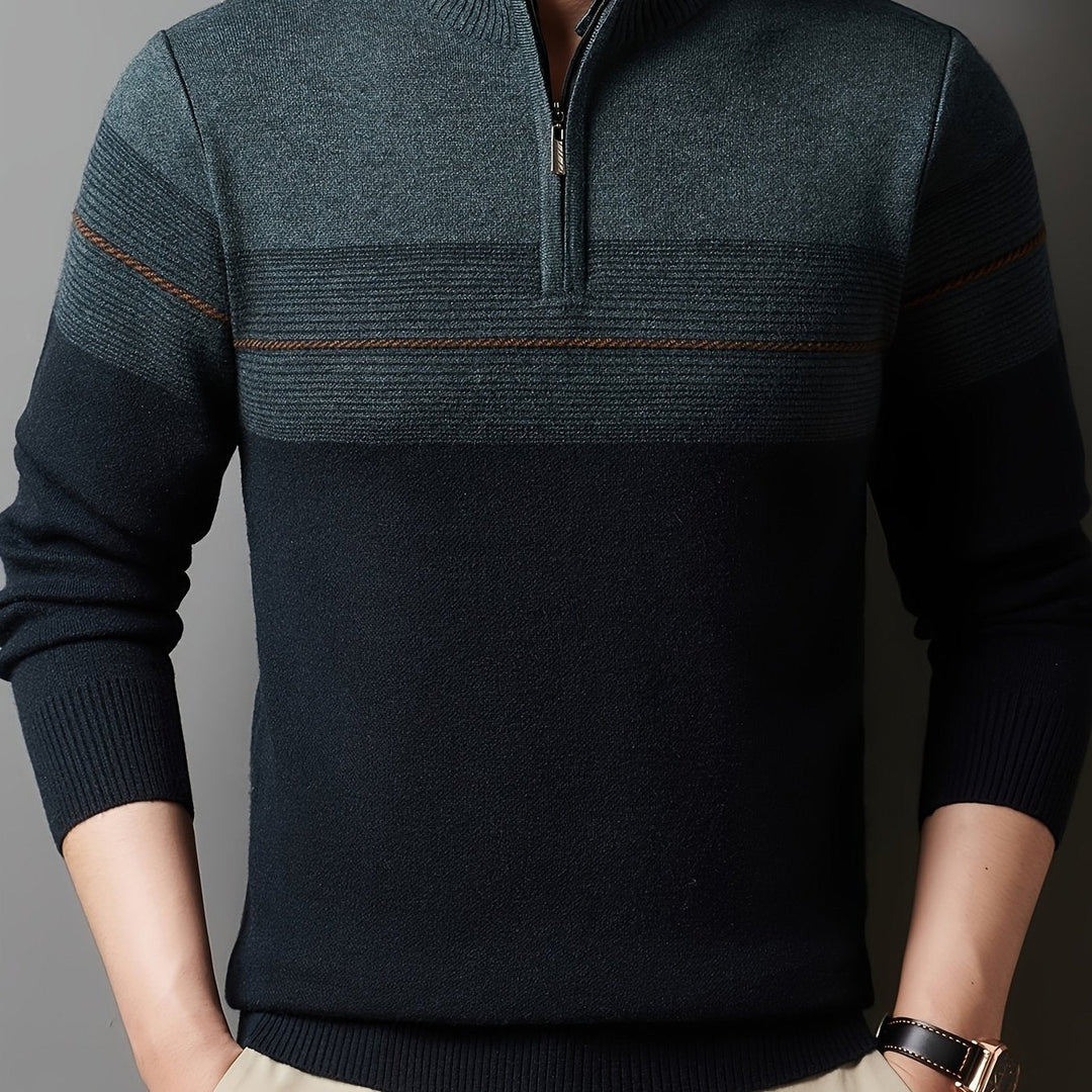 Galdorel | Homme Pull Col Zippé Bicolore Rayures - Navy - Image 23