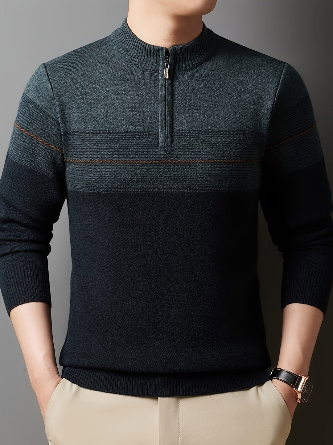 Galdorel | Homme Pull Col Zippé Bicolore Rayures - Navy - Image 28