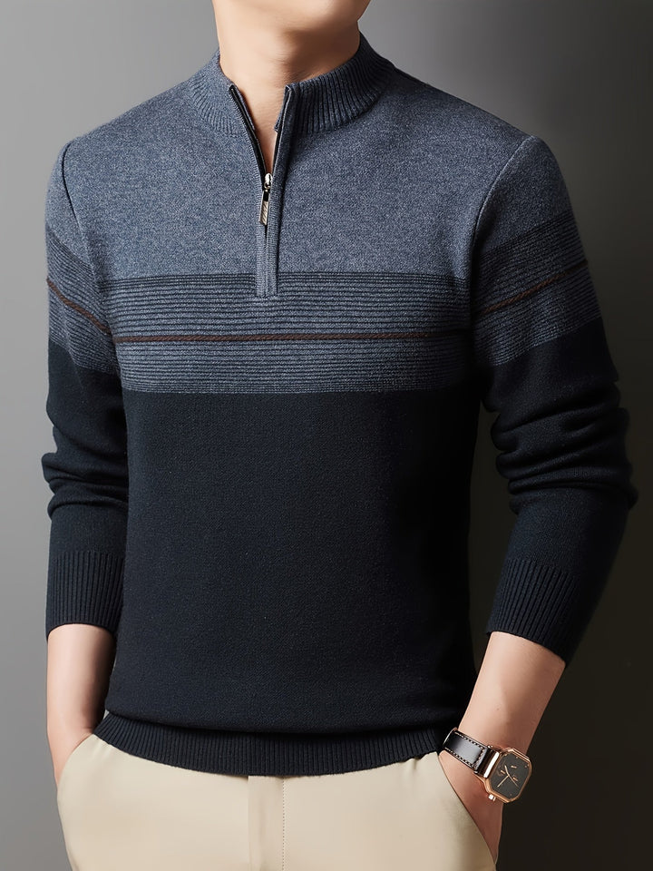 Galdorel | Homme Pull Col Zippé Bicolore Rayures - Navy - Image 3