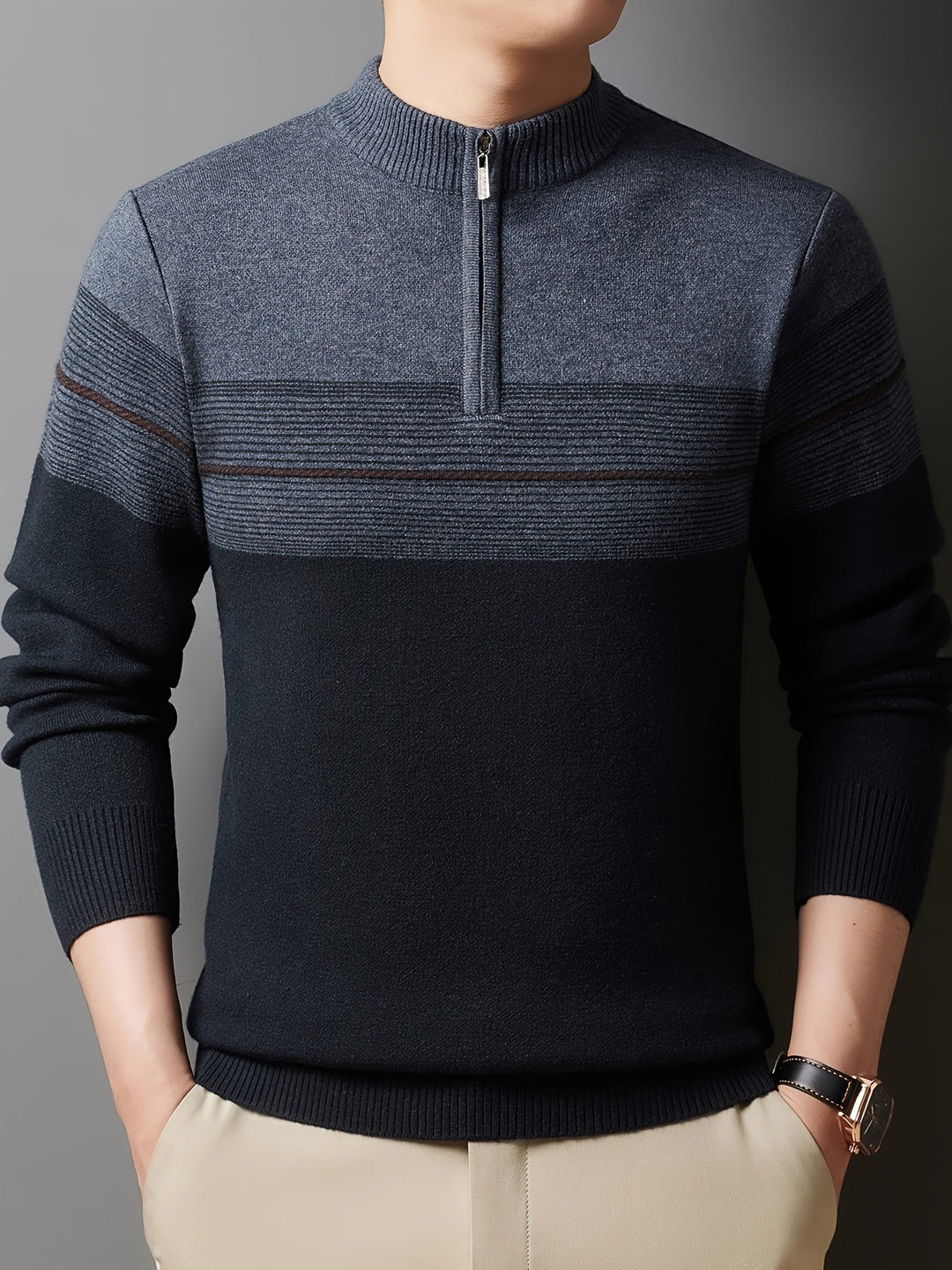 Galdorel | Homme Pull Col Zippé Bicolore Rayures - Navy - Image 4