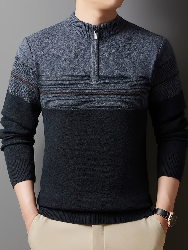 Galdorel | Homme Pull Col Zippé Bicolore Rayures - Navy - Image 4