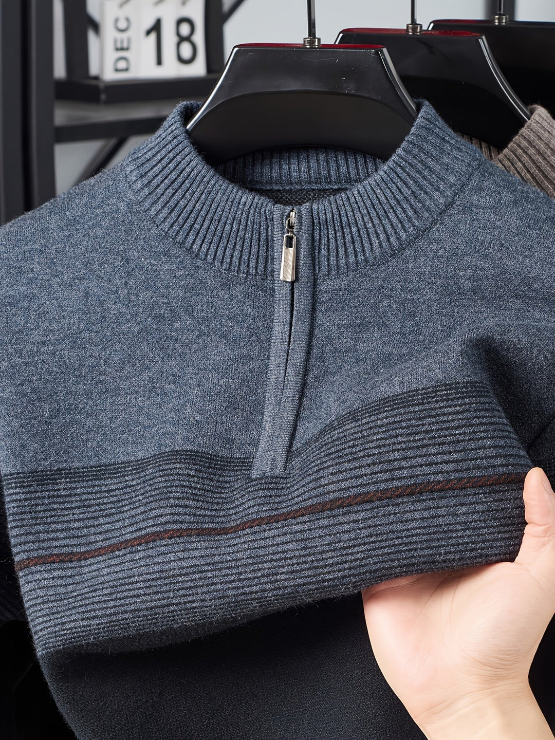 Galdorel | Homme Pull Col Zippé Bicolore Rayures - Navy - Image 5