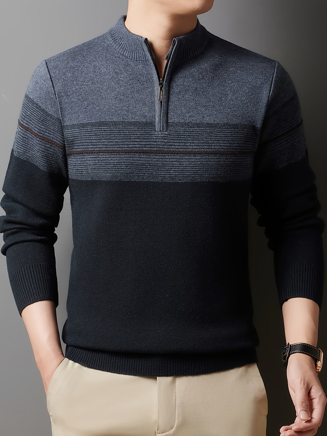Galdorel | Homme Pull Col Zippé Bicolore Rayures - Navy - Image 6