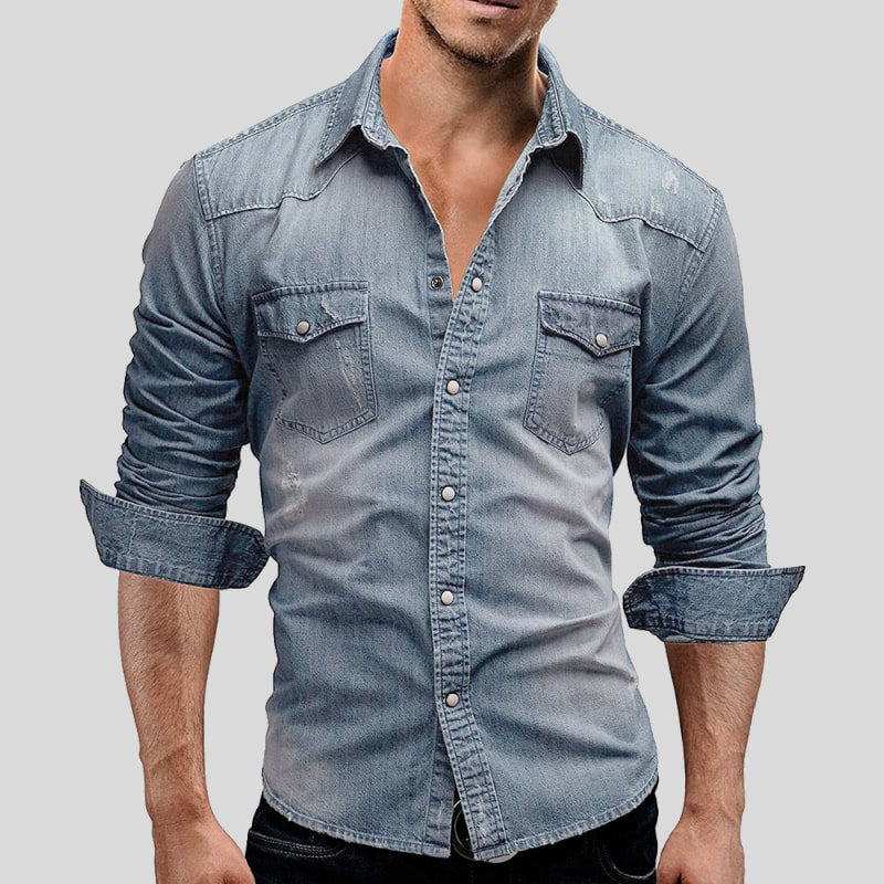 Garvon | Homme Chemise Jean Manches Longues Vintage - Light Blue - Image 2
