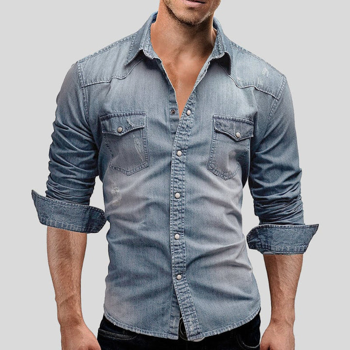 Garvon | Homme Chemise Jean Manches Longues Vintage - Light Blue - Image 2