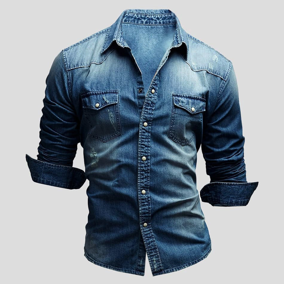 Garvon | Homme Chemise Jean Manches Longues Vintage - Light Blue - Image 3