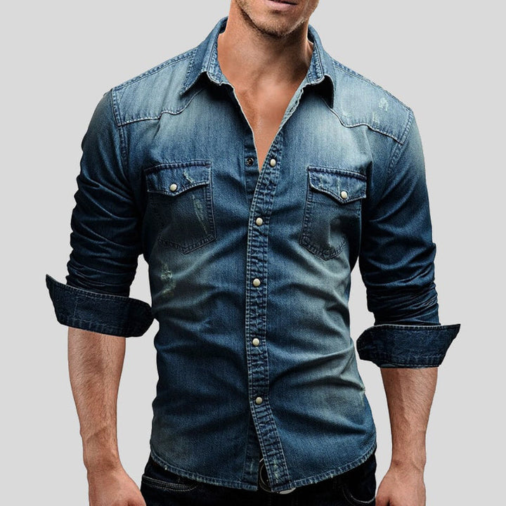 Garvon | Homme Chemise Jean Manches Longues Vintage - Light Blue - Image 4