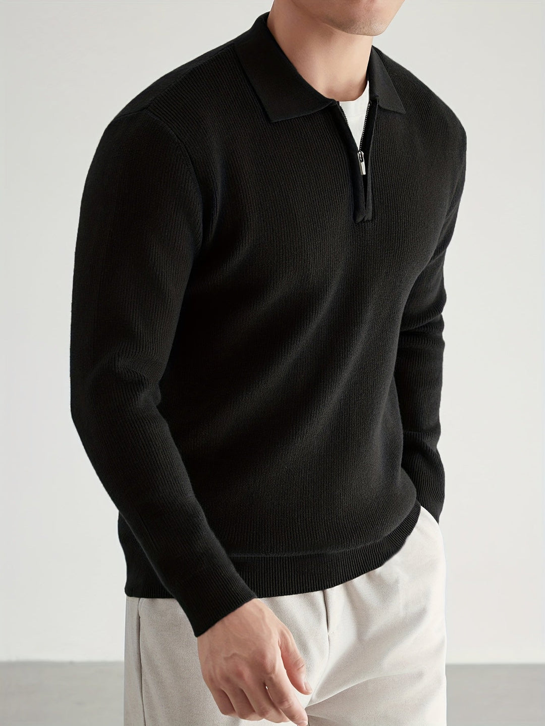 Garvéon | Homme Pull Col Polo Zippé Tricot - Black - Image 2
