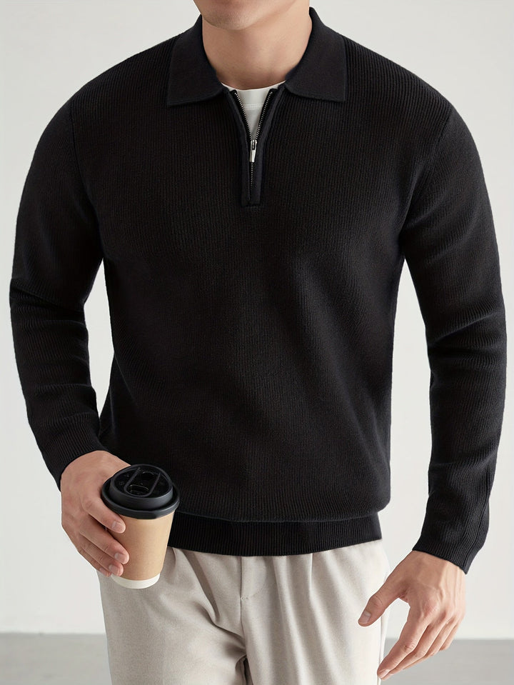 Garvéon | Homme Pull Col Polo Zippé Tricot - Black - Image 3