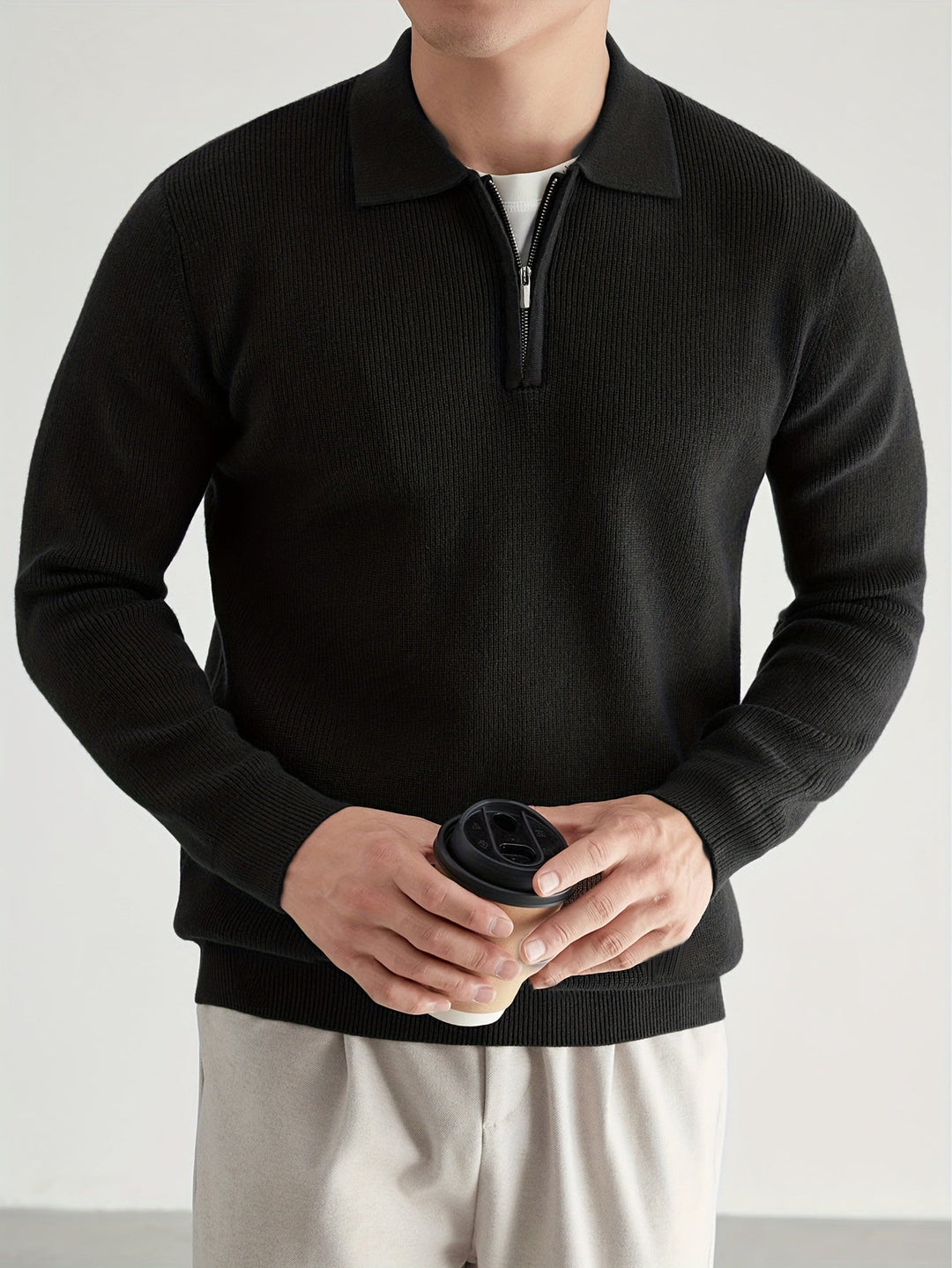 Garvéon | Homme Pull Col Polo Zippé Tricot - Black - Image 4