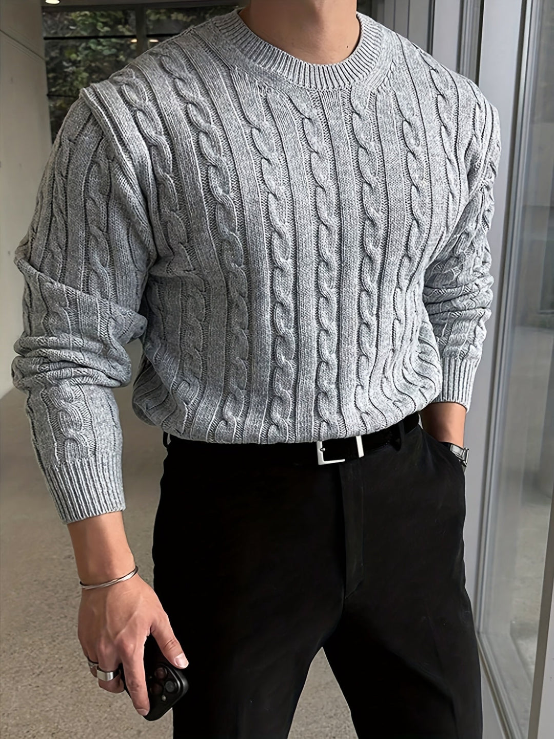 Gelvorn | Homme Pull Torsadé Col Rond - Light Grey - Image 1