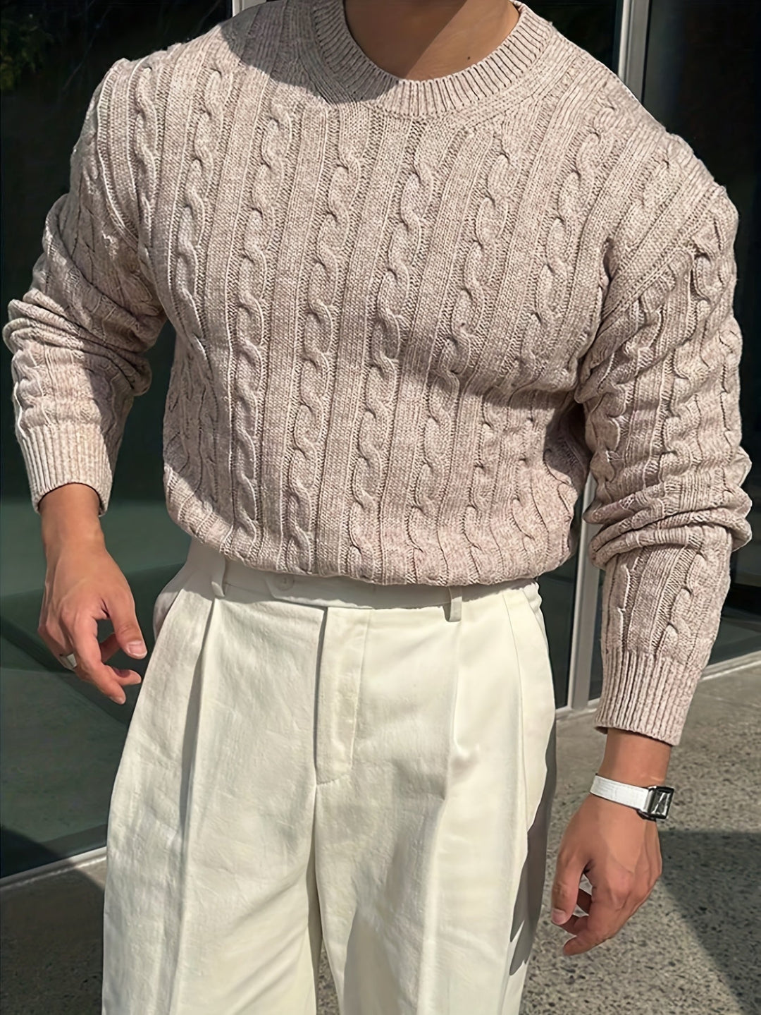 Gelvorn | Homme Pull Torsadé Col Rond - Light Grey - Image 5