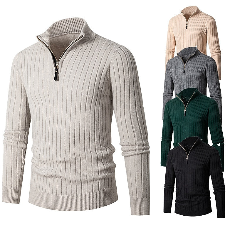 Gervond | Homme Pull Col Zippé Côtelé Slim - Cream - Image 1