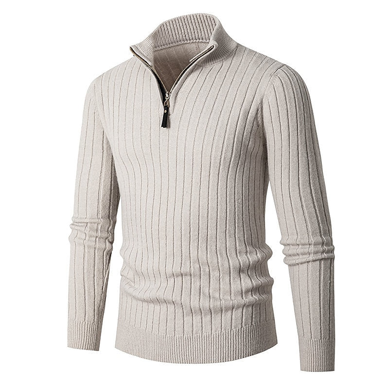 Gervond | Homme Pull Col Zippé Côtelé Slim - Cream - Image 2