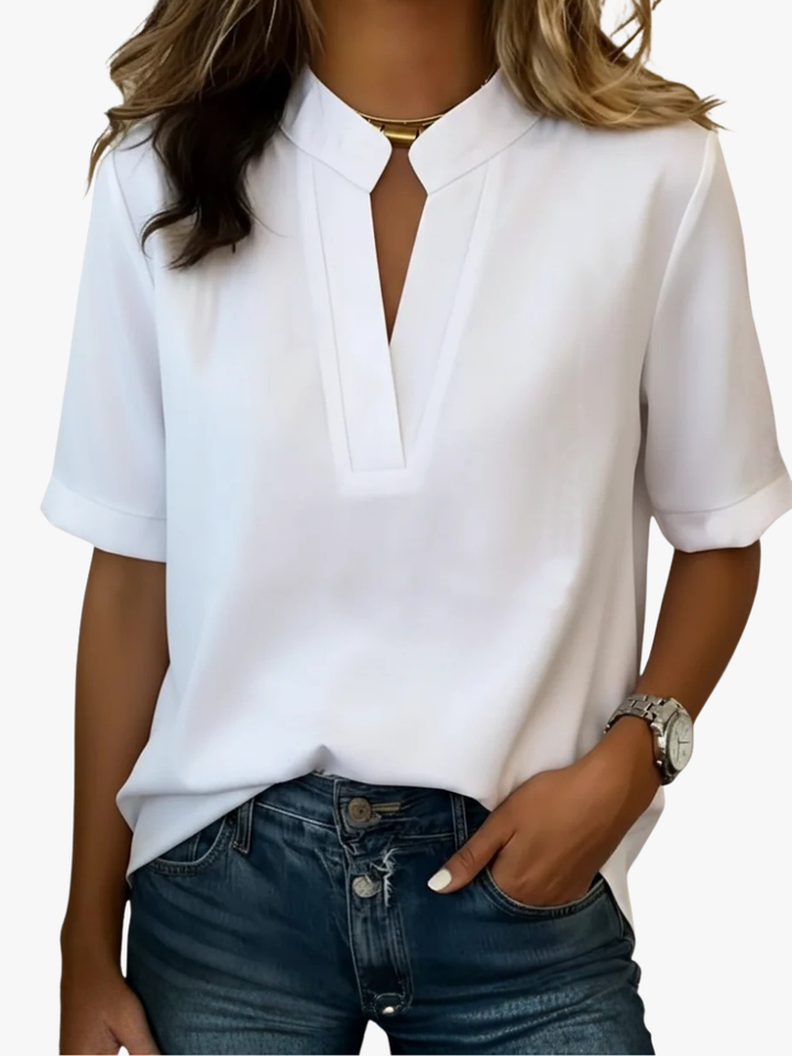 Gilvène | Femme Blouse Col Montant Fendu Manches Courtes - White - Image 1