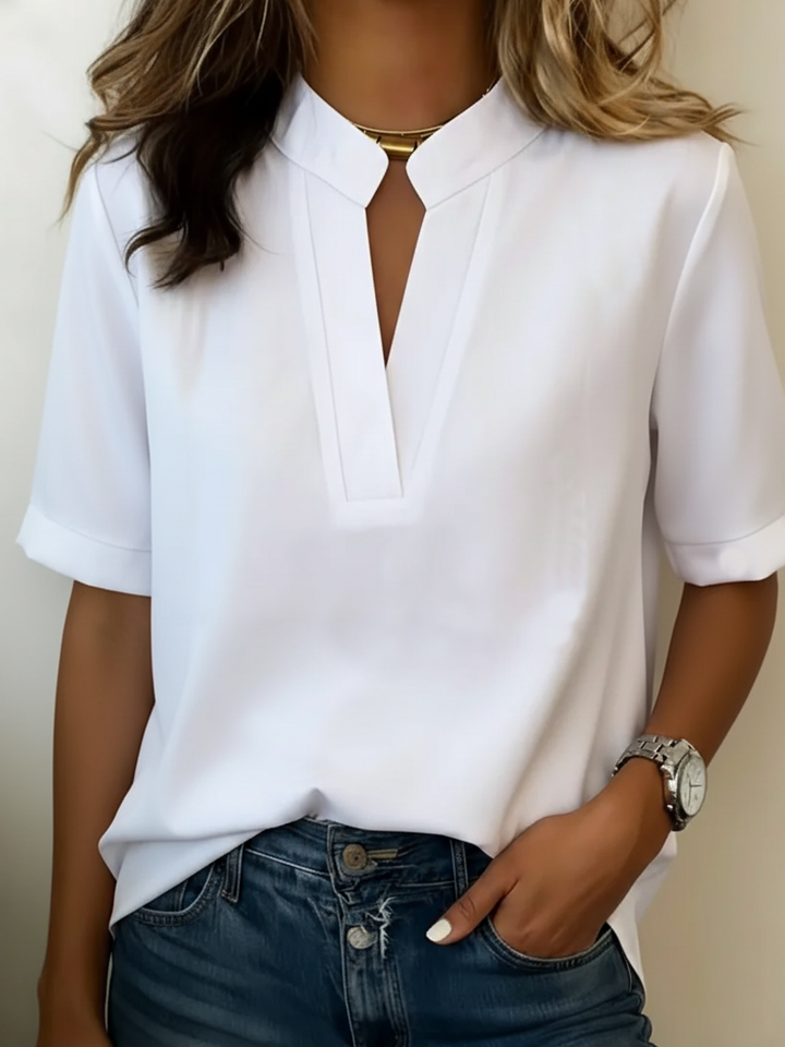 Gilvène | Femme Blouse Col Montant Fendu Manches Courtes - White - Image 2