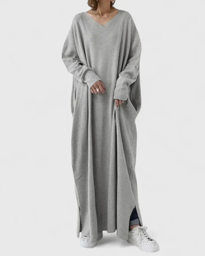 Golvaine | Femme Robe Pull Longue Oversize Col V - Light Grey - Image 1