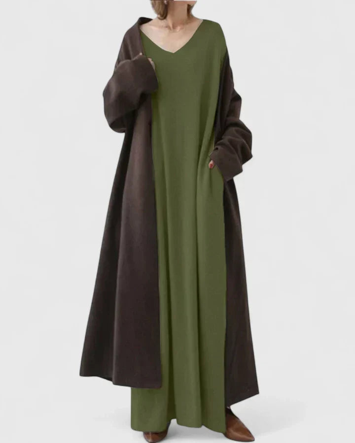 Golvaine | Femme Robe Pull Longue Oversize Col V - Light Grey - Image 2