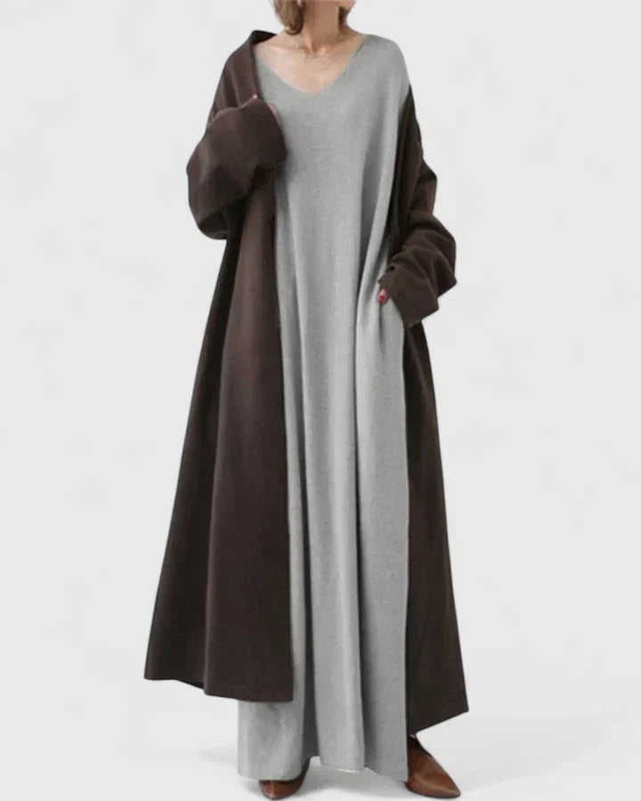 Golvaine | Femme Robe Pull Longue Oversize Col V - Light Grey - Image 3