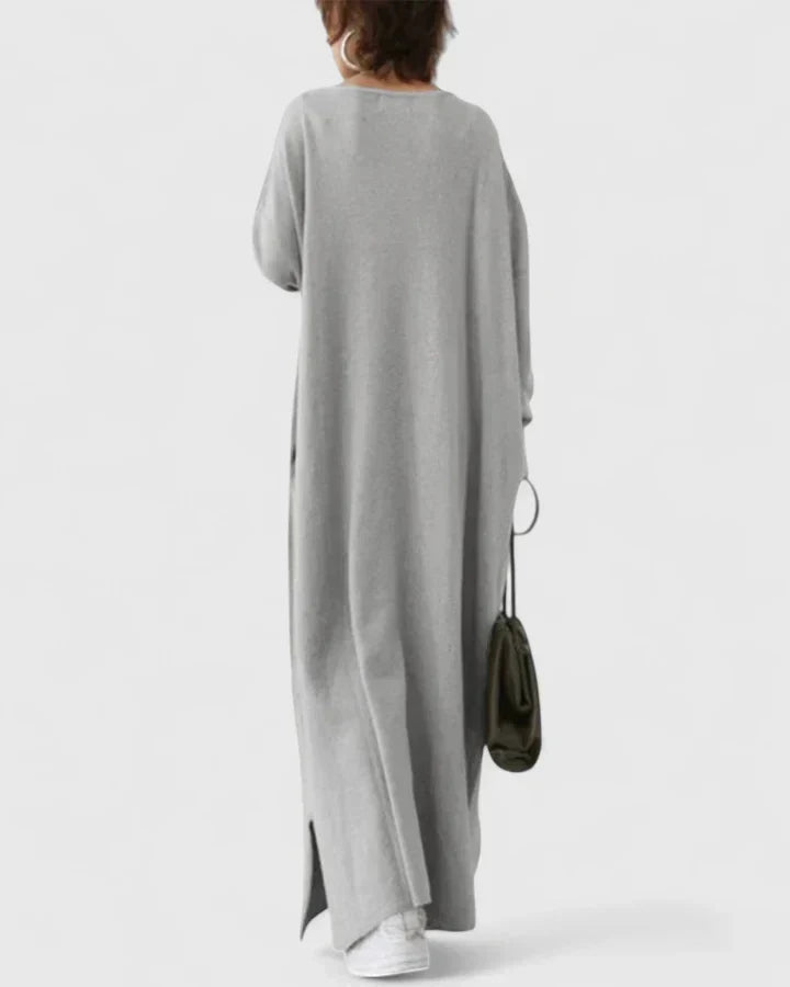 Golvaine | Femme Robe Pull Longue Oversize Col V - Light Grey - Image 5