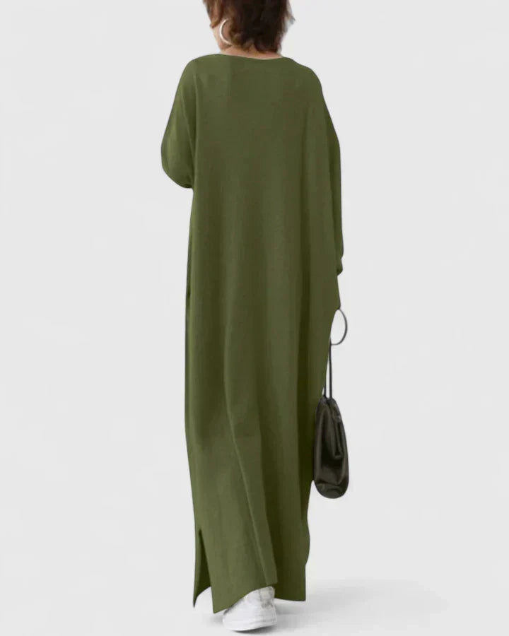 Golvaine | Femme Robe Pull Longue Oversize Col V - Light Grey - Image 6