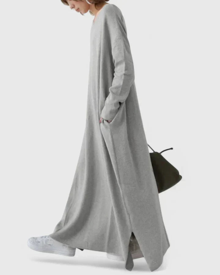 Golvaine | Femme Robe Pull Longue Oversize Col V - Light Grey - Image 7