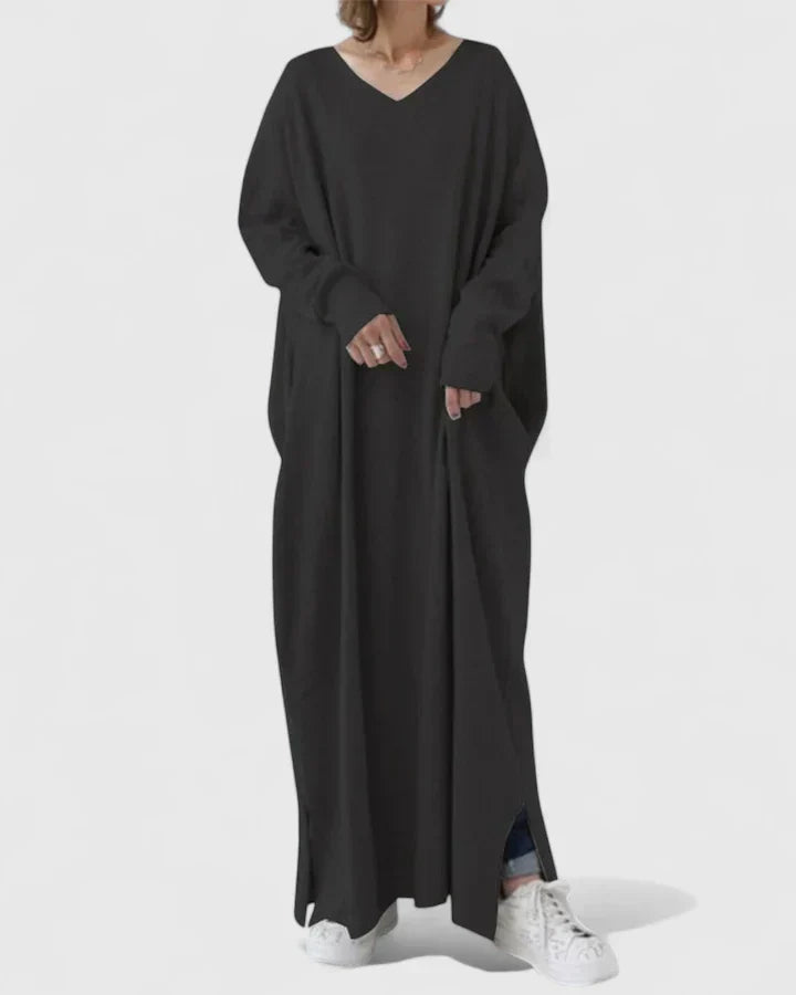 Golvaine | Femme Robe Pull Longue Oversize Col V - Light Grey - Image 8