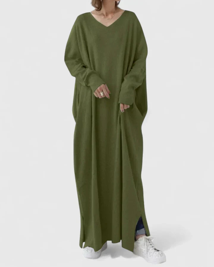 Golvaine | Femme Robe Pull Longue Oversize Col V - Light Grey - Image 9