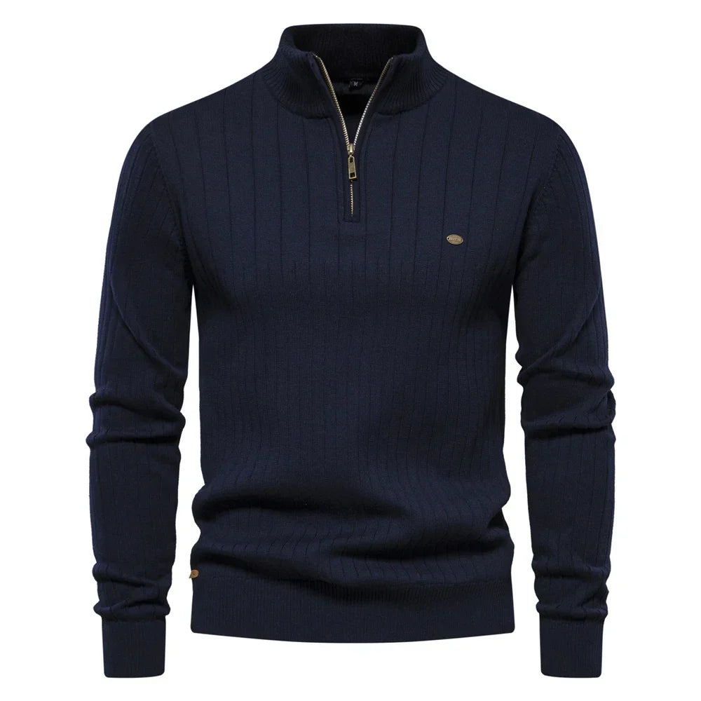 Golvhec | Homme Pull Col Zippé Tricoté Hiver - Navy - Image 1