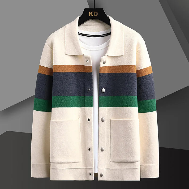 Golvran | Homme Cardigan Rayé Boutons-Pression - Cream - Image 1