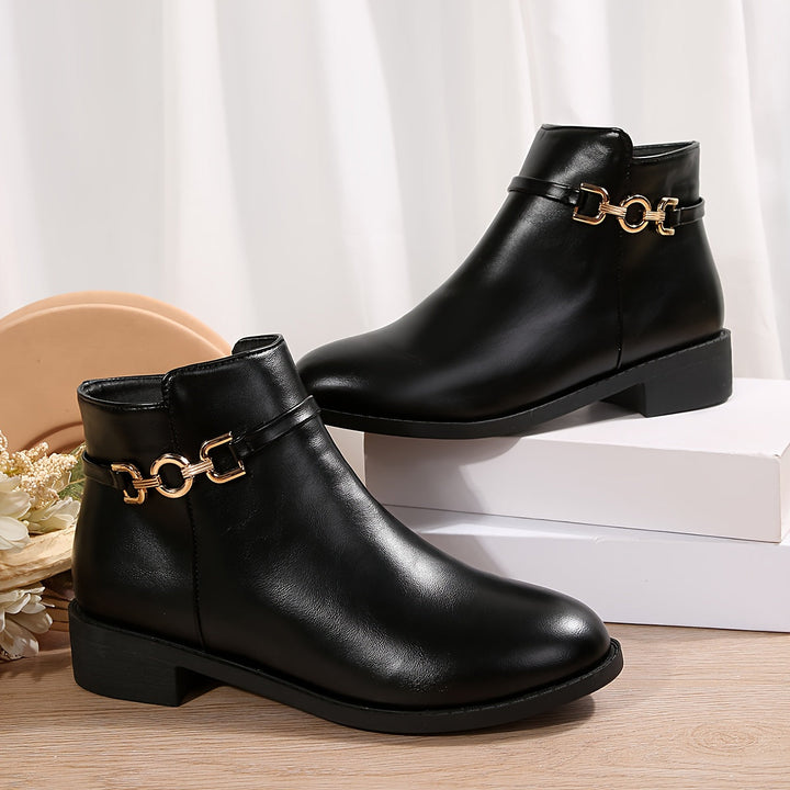 Halveine | Femme Bottines à Talon Plat Chaîne Dorée - Black - Image 1
