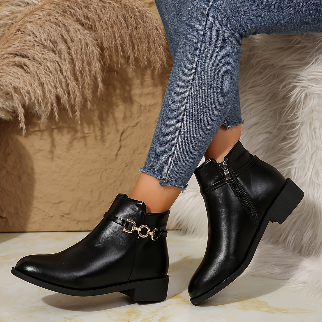 Halveine | Femme Bottines à Talon Plat Chaîne Dorée - Black - Image 3