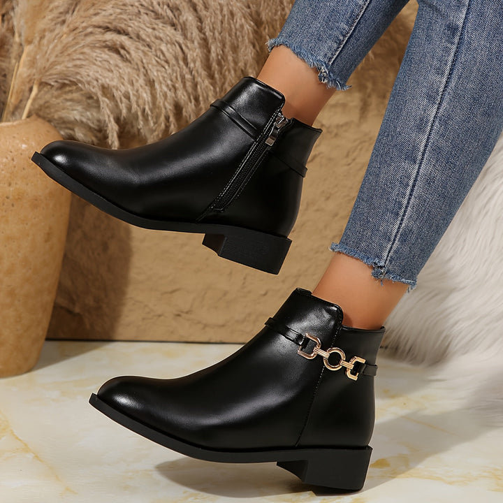 Halveine | Femme Bottines à Talon Plat Chaîne Dorée - Black - Image 5