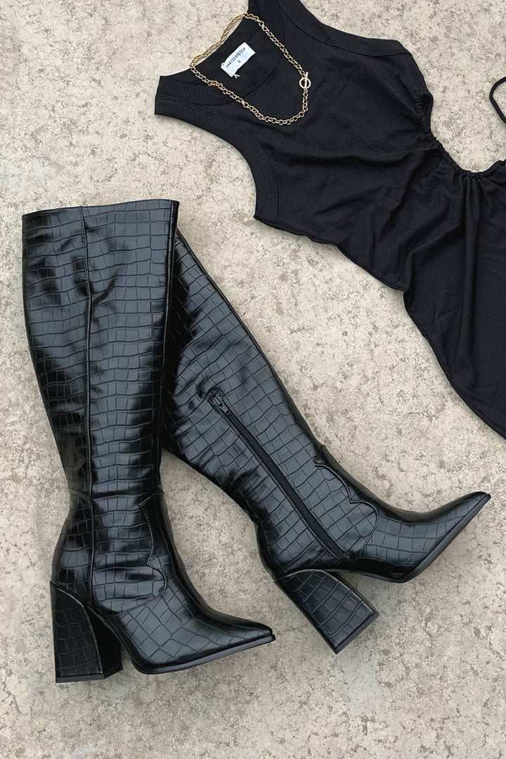 Halvinde | Femme Bottes Genou Croco Talon Bloc - Black - Image 10