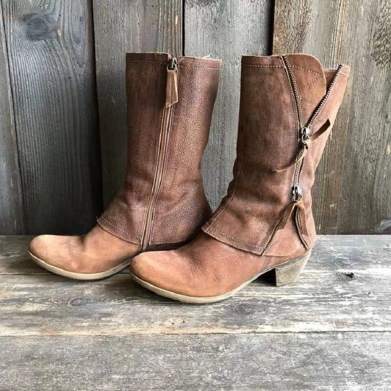 Halvinde | Femme Bottes à Talon Mi-Mollet Zippées - Camel - Image 1