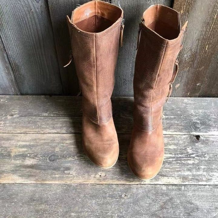 Halvinde | Femme Bottes à Talon Mi-Mollet Zippées - Camel - Image 2