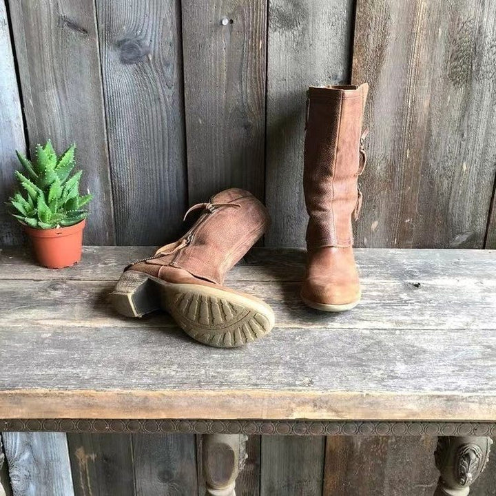 Halvinde | Femme Bottes à Talon Mi-Mollet Zippées - Camel - Image 3