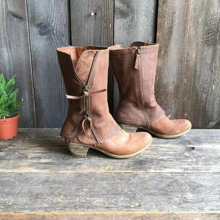 Halvinde | Femme Bottes à Talon Mi-Mollet Zippées - Camel - Image 4