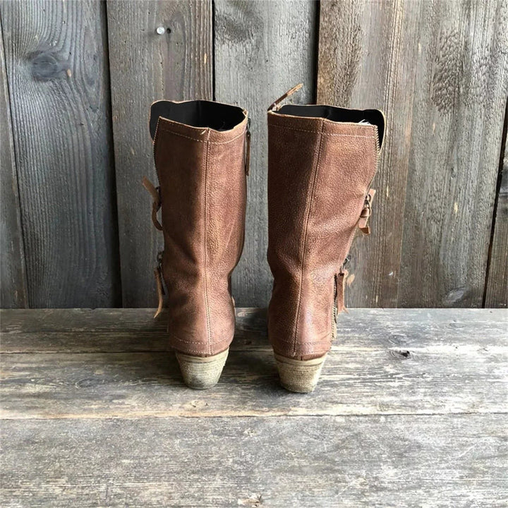 Halvinde | Femme Bottes à Talon Mi-Mollet Zippées - Camel - Image 5