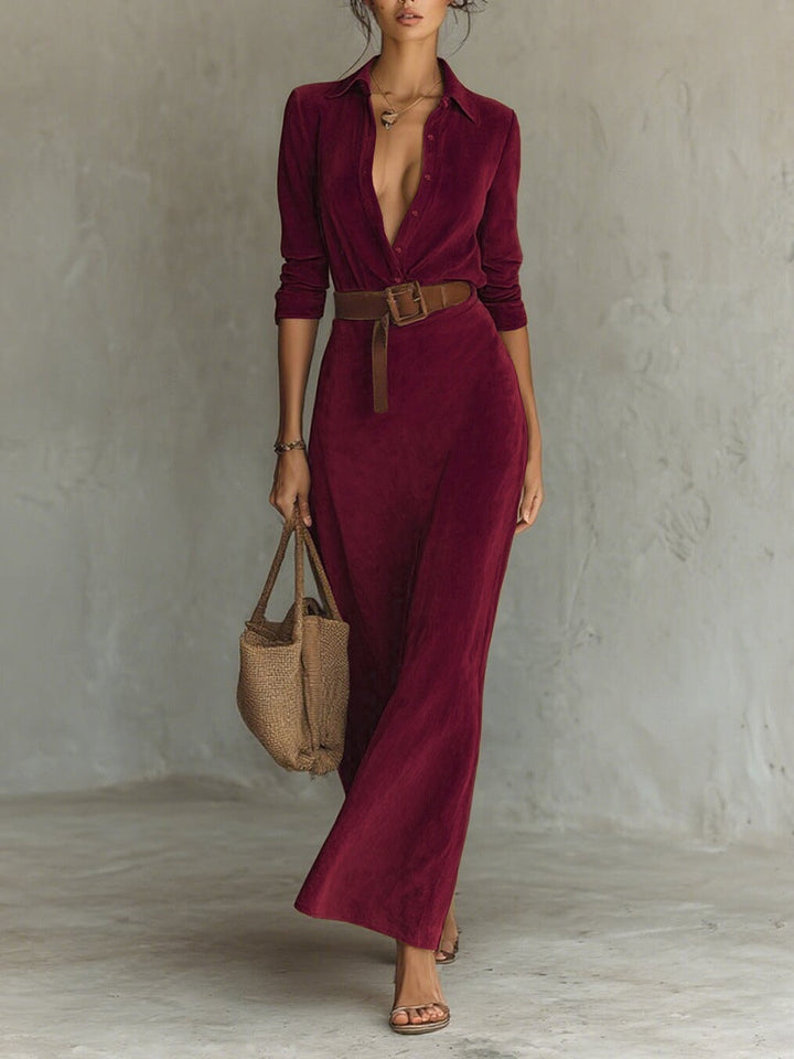 Halvoire | Femme Robe Chemise Maxi Ceinturée Col V - Camel - Image 4