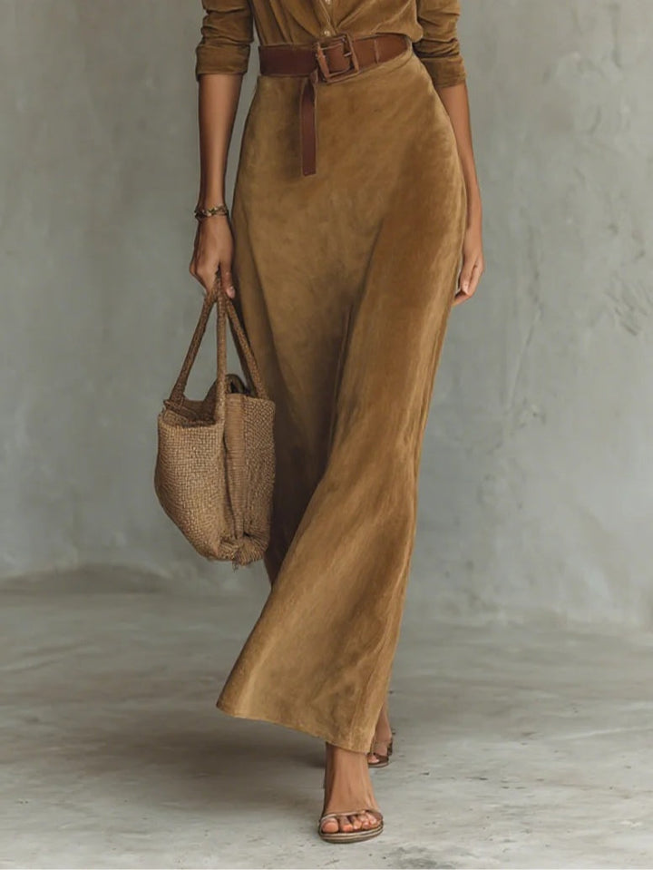 Halvoire | Femme Robe Chemise Maxi Ceinturée Col V - Camel - Image 6