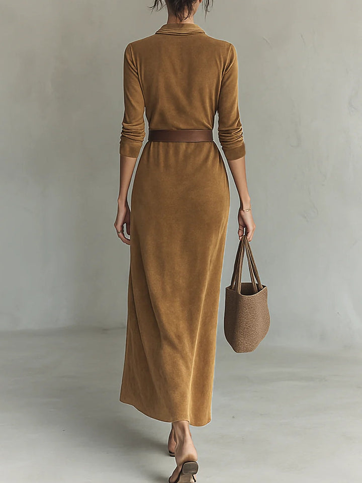 Halvoire | Femme Robe Chemise Maxi Ceinturée Col V - Camel - Image 7