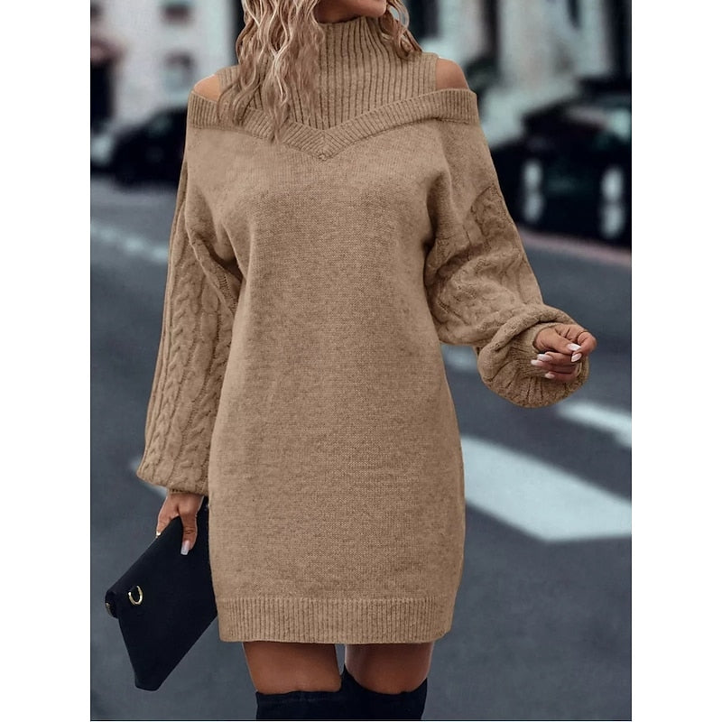 Halvoire | Femme Robe Pull Épaules Dénudées Col Roulé - Camel - Image 1