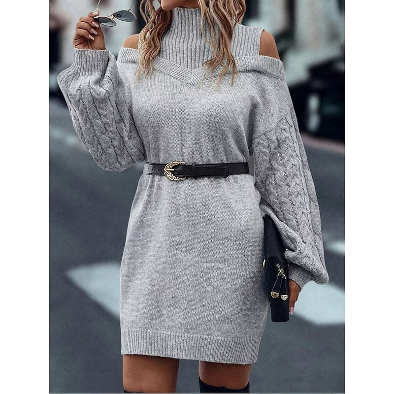 Halvoire | Femme Robe Pull Épaules Dénudées Col Roulé - Camel - Image 10