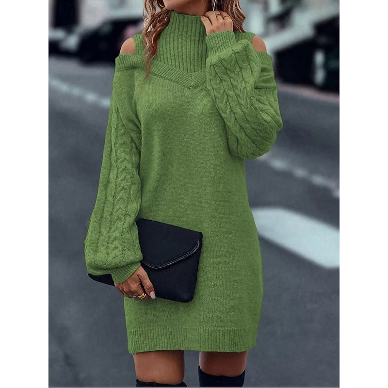 Halvoire | Femme Robe Pull Épaules Dénudées Col Roulé - Camel - Image 11