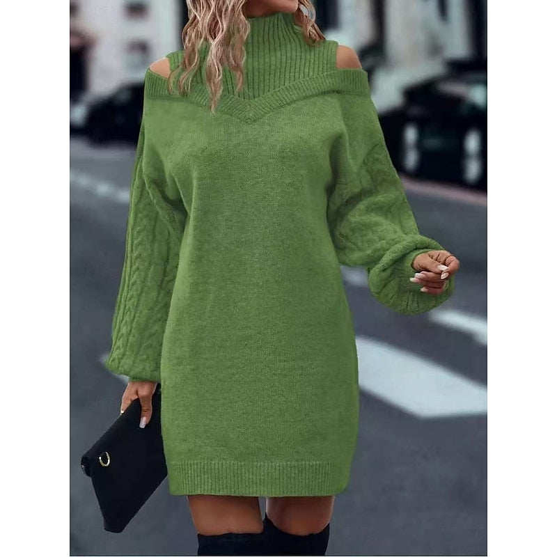 Halvoire | Femme Robe Pull Épaules Dénudées Col Roulé - Camel - Image 12