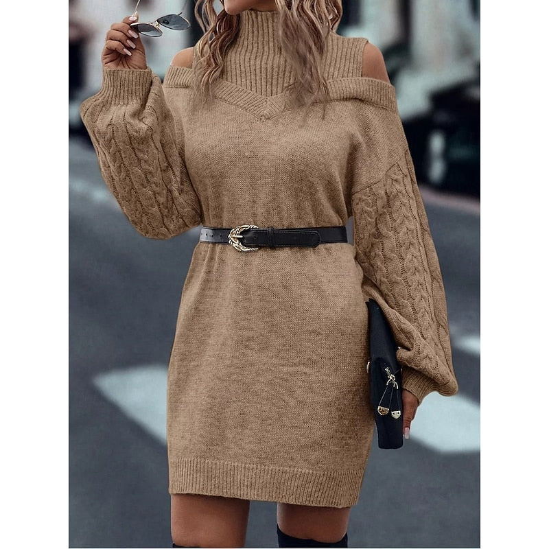 Halvoire | Femme Robe Pull Épaules Dénudées Col Roulé - Camel - Image 2