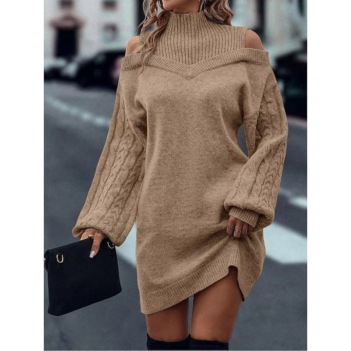 Halvoire | Femme Robe Pull Épaules Dénudées Col Roulé - Camel - Image 3