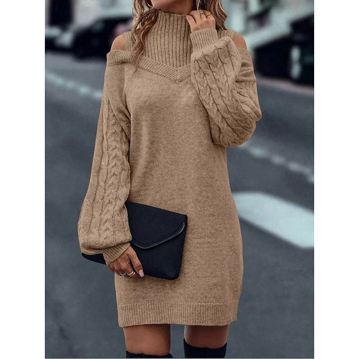 Halvoire | Femme Robe Pull Épaules Dénudées Col Roulé - Camel - Image 4