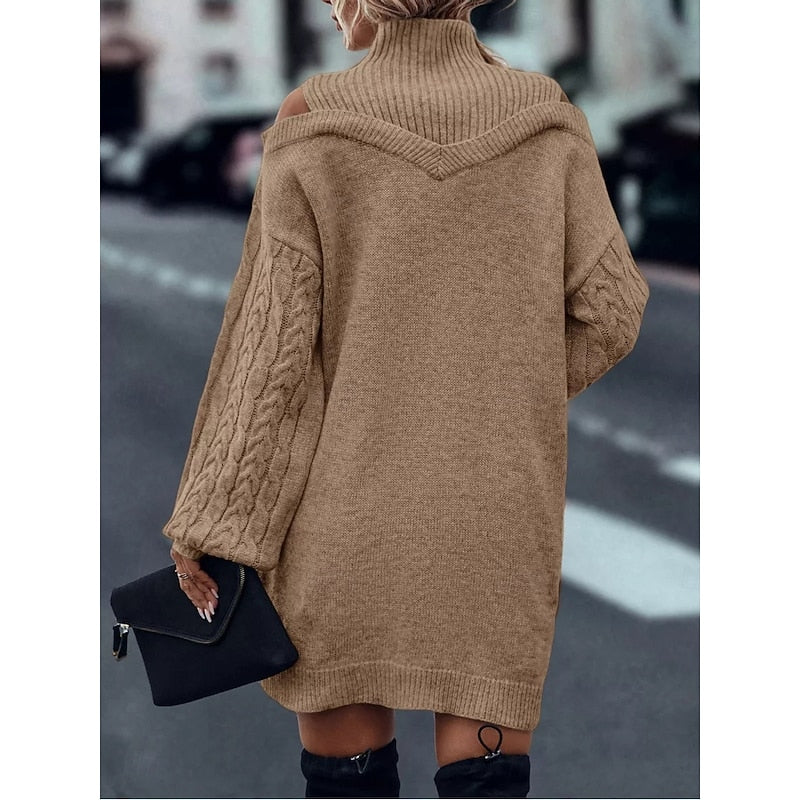 Halvoire | Femme Robe Pull Épaules Dénudées Col Roulé - Camel - Image 5